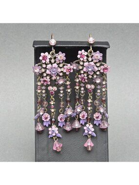 Vintage Michal Negrin Brass Dangle Earrings 4.75" Pastel Floral Crystal Drop